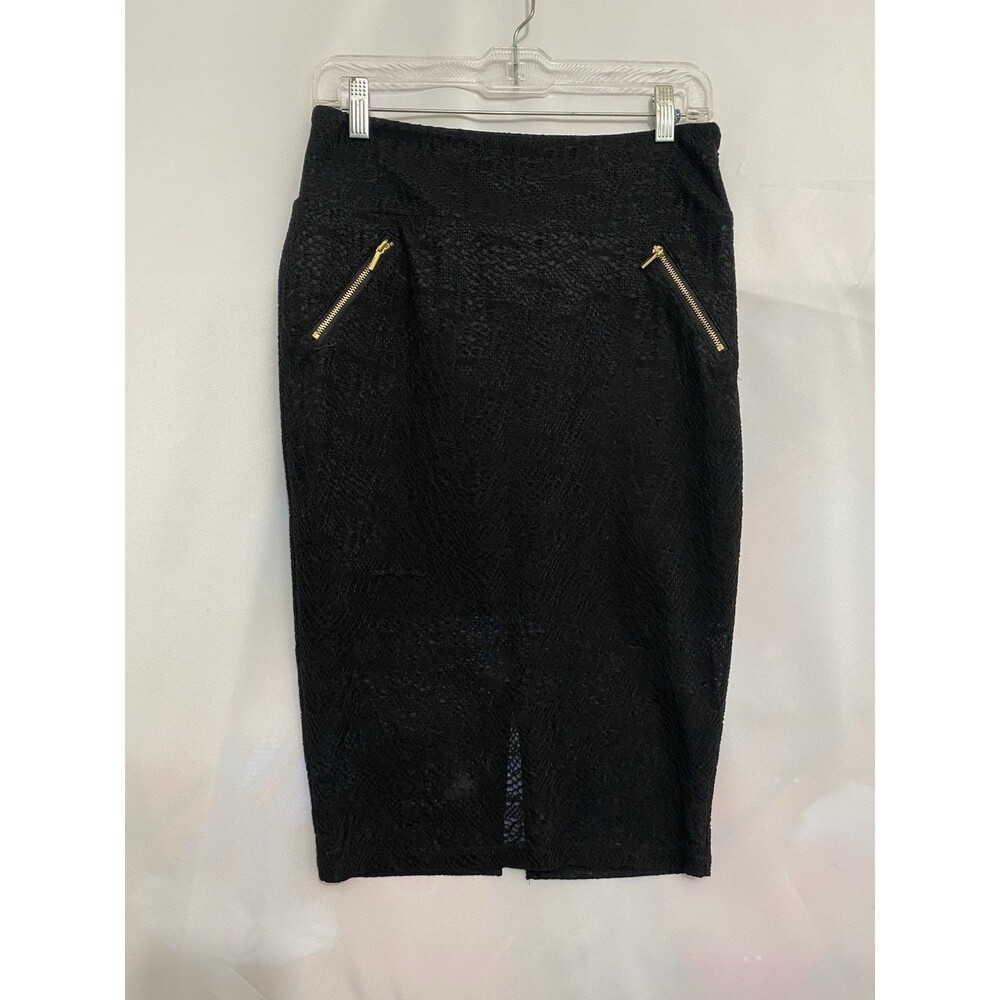 Bebe Womens Small Black Semi Sheer Lace Pencil Skirt Gold Zips Lined Back Slit
